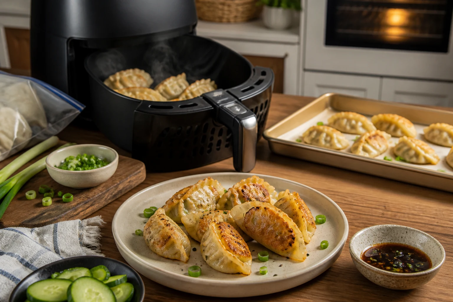 Golden gluten-free dumplings served beside an air fryer basket, oven sheet pan, dipping sauce, scallions and cucumber