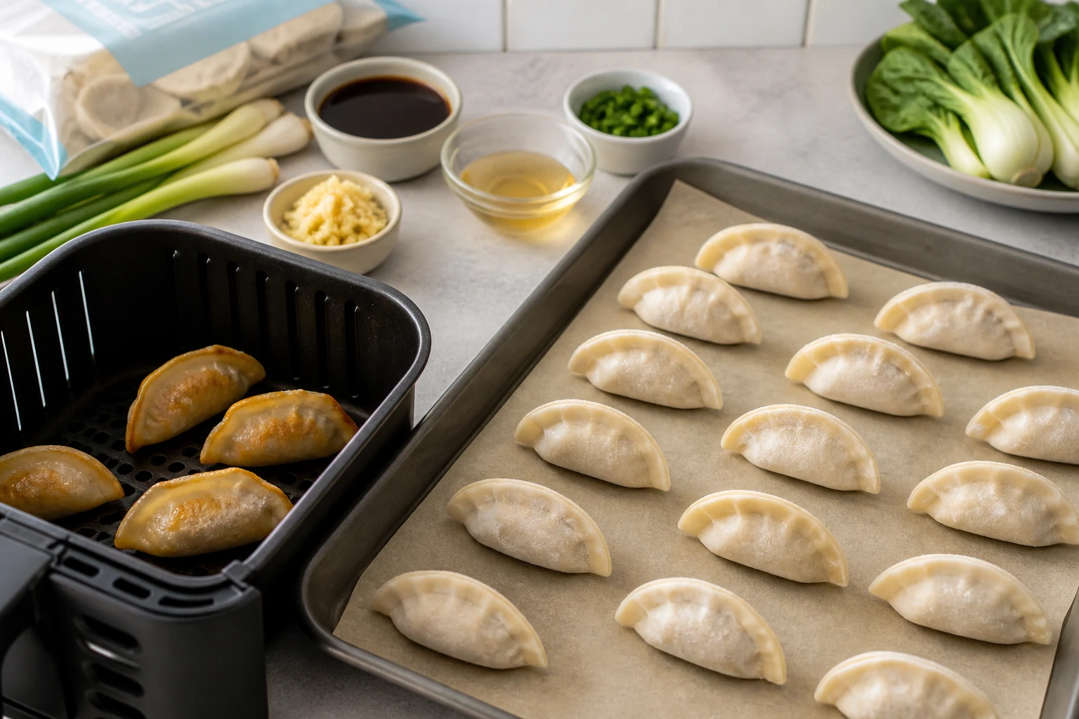 Frozen gluten-free dumplings spaced on a parchment-lined sheet pan beside an air fryer basket, sauce bowls, ginger, scallions and bok choy