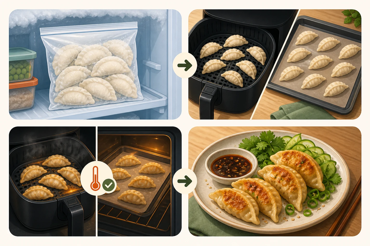 No-text four-panel illustration showing frozen dumplings moving from freezer storage to air fryer or oven cooking and a finished serving plate