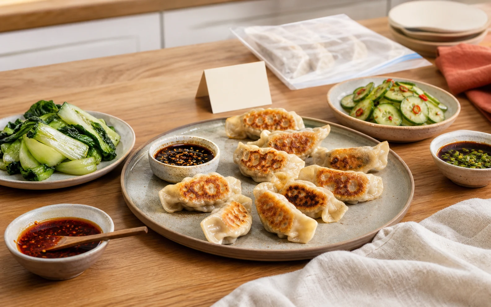 Allergen-aware gluten-free dumpling night with pan-fried dumplings, separate sauces, bok choy and cucumber salad