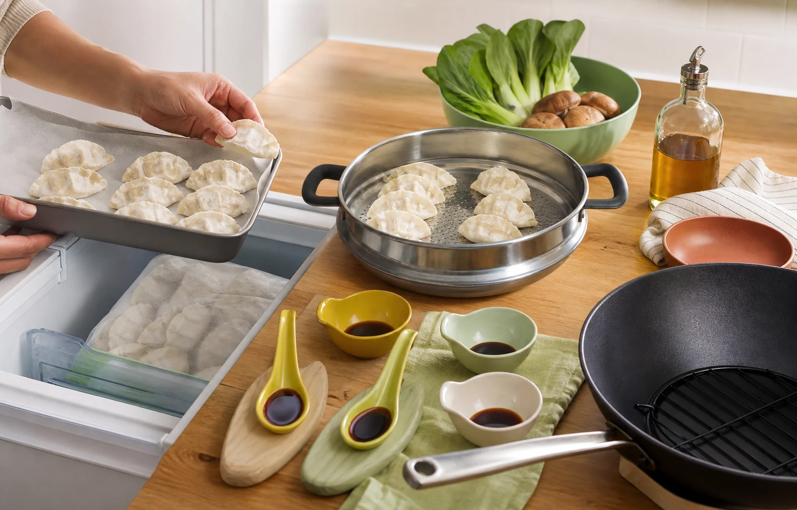 Frozen gluten-free dumplings moving from freezer storage to separate prep zones with clean utensils and sauce bowls