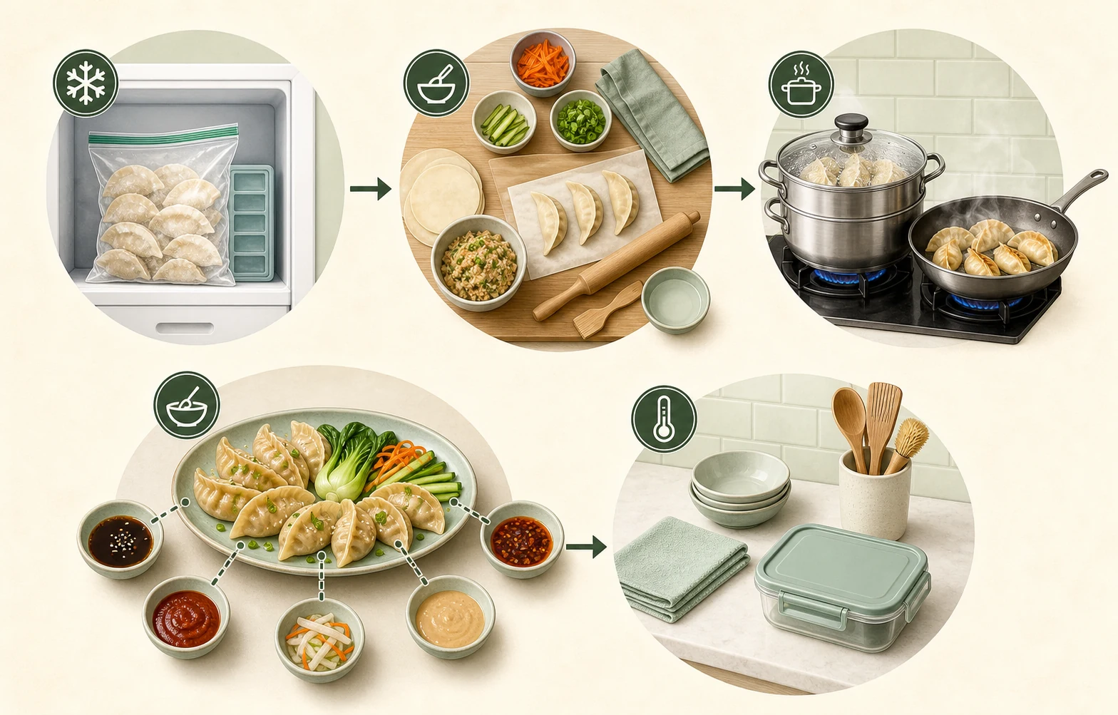 No-text illustration showing a freezer-to-table dumpling hosting flow with separate prep, hot cooking, serving and cleanup