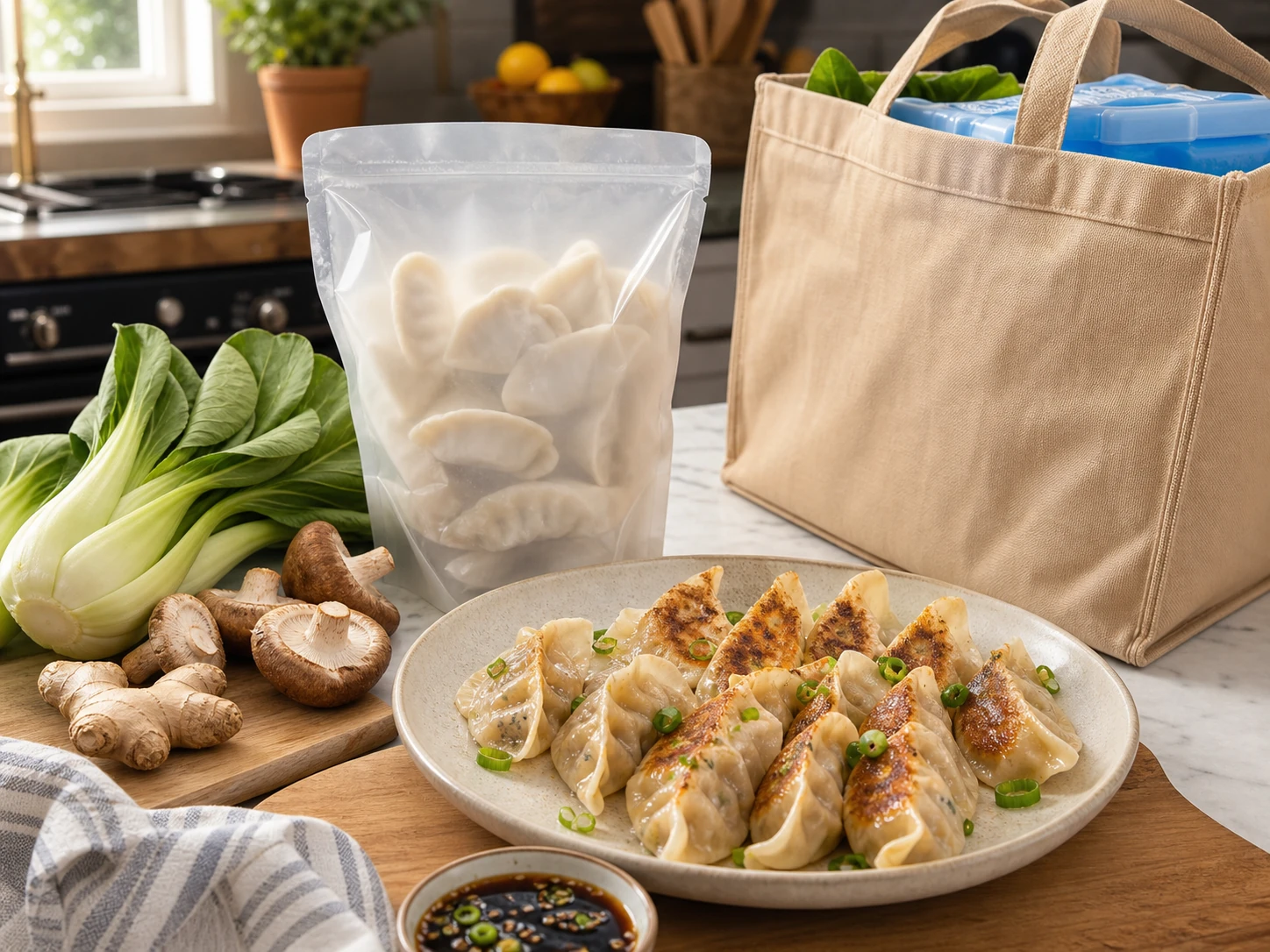 Home kitchen counter with gluten-free frozen dumplings, bok choy, mushrooms, ginger, cold pack and a cooked dumpling plate