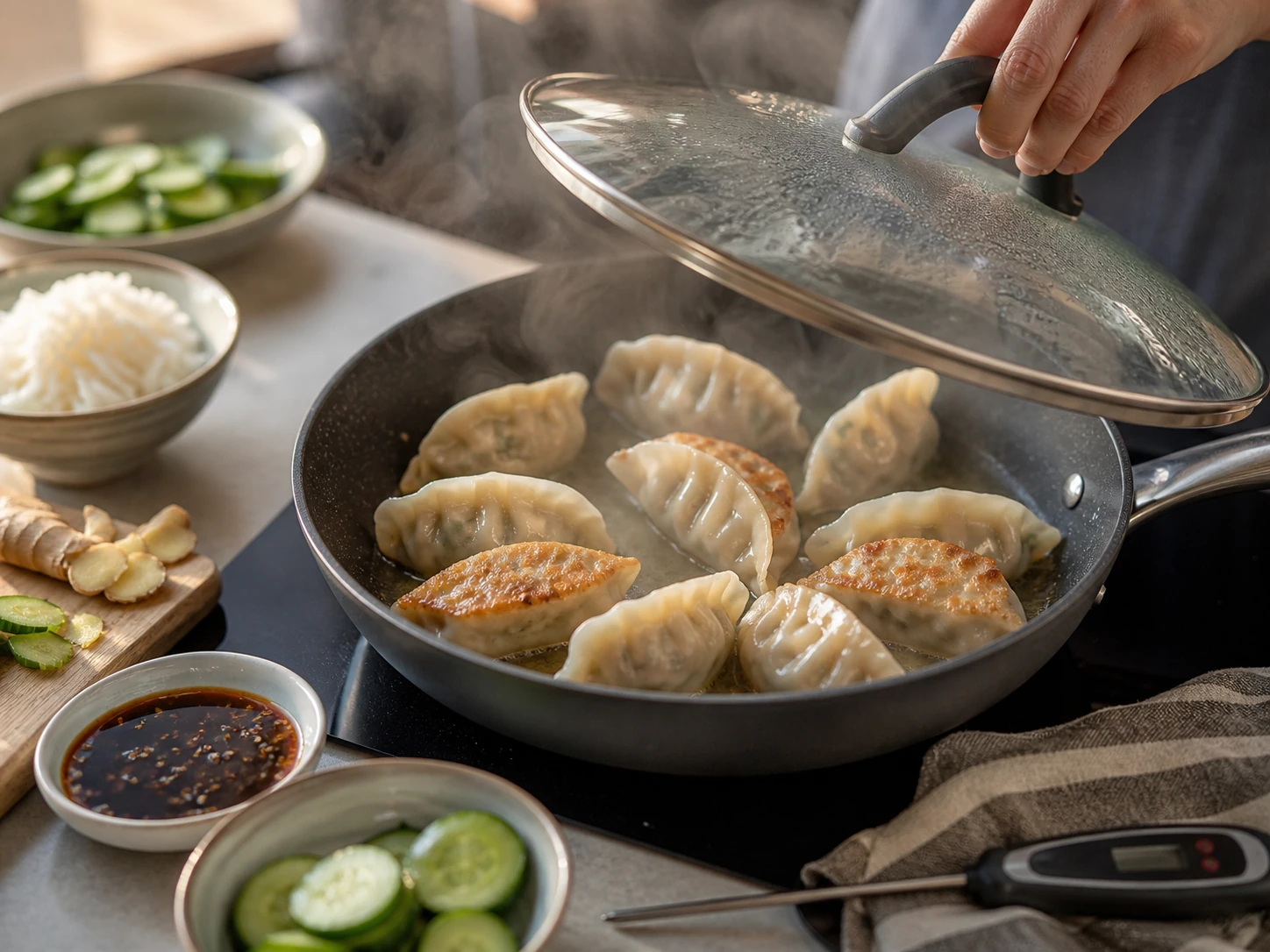 Frozen gluten-free dumplings pan-steaming in a skillet with sauce, cucumber, rice and a food thermometer nearby