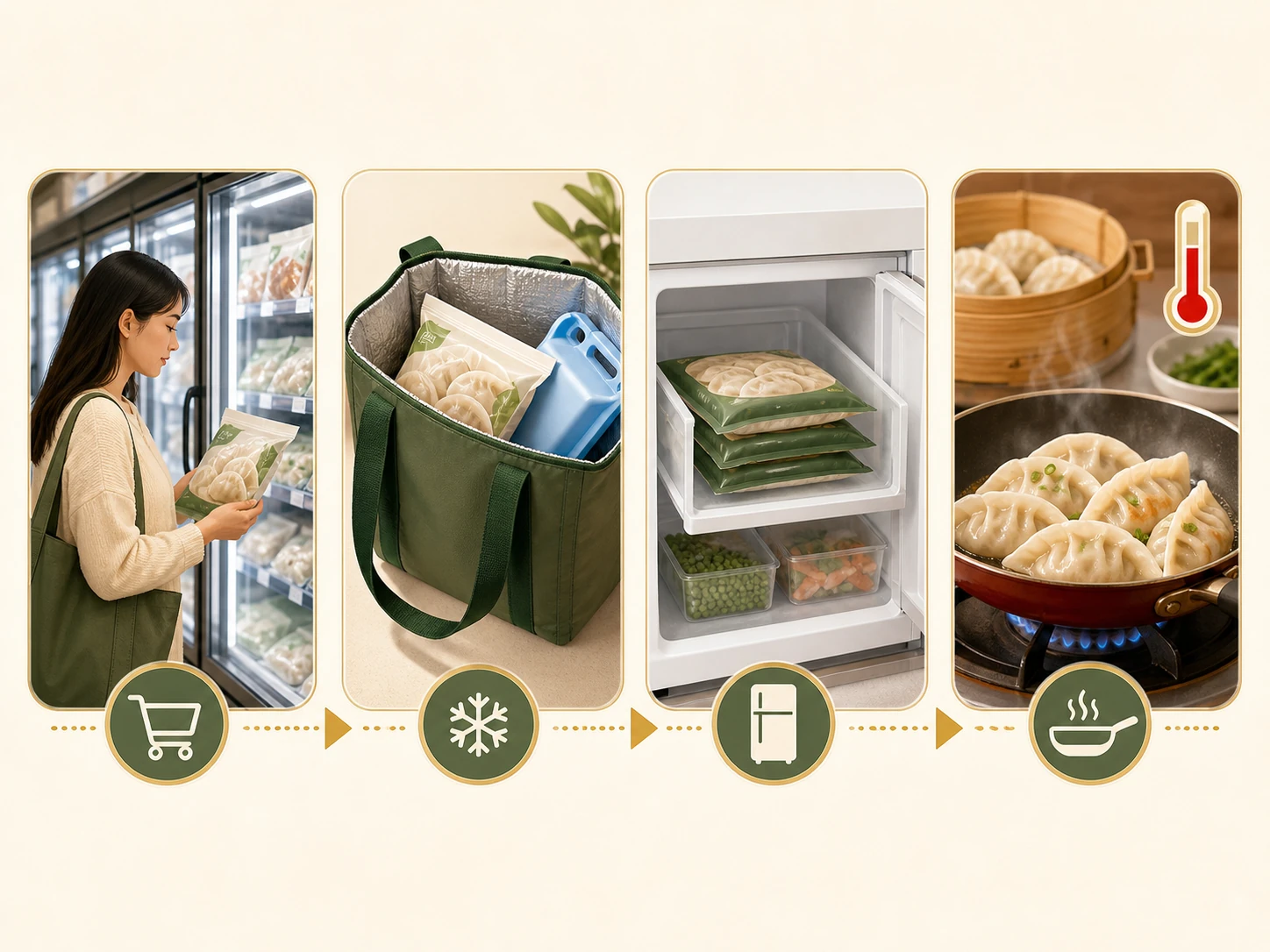 No-text four-step illustration of buying frozen dumplings, carrying them in an insulated bag, storing them flat and cooking them hot