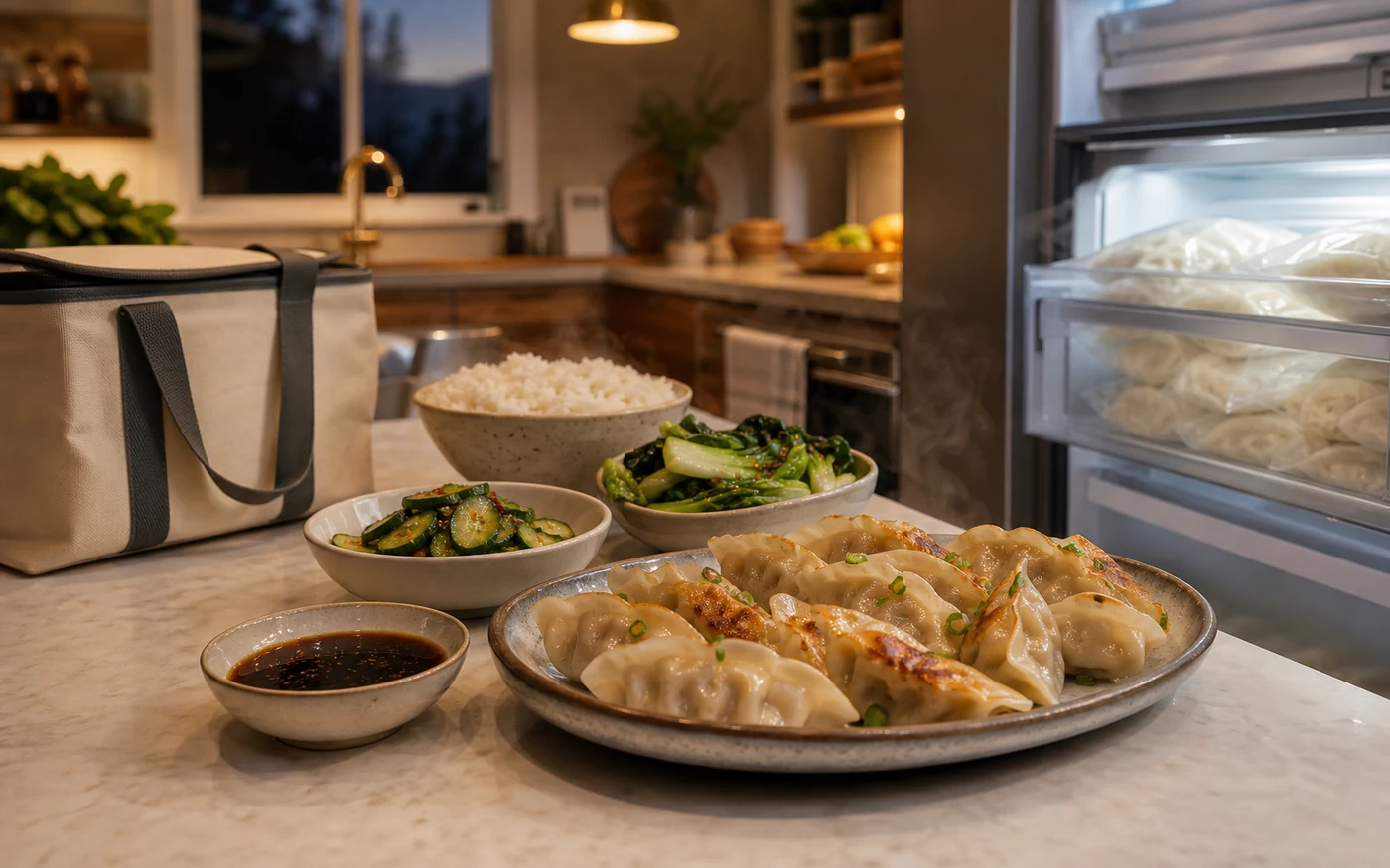 Family freezer meal prep with pan-fried gluten-free dumplings, rice, greens, sauce and an open home freezer
