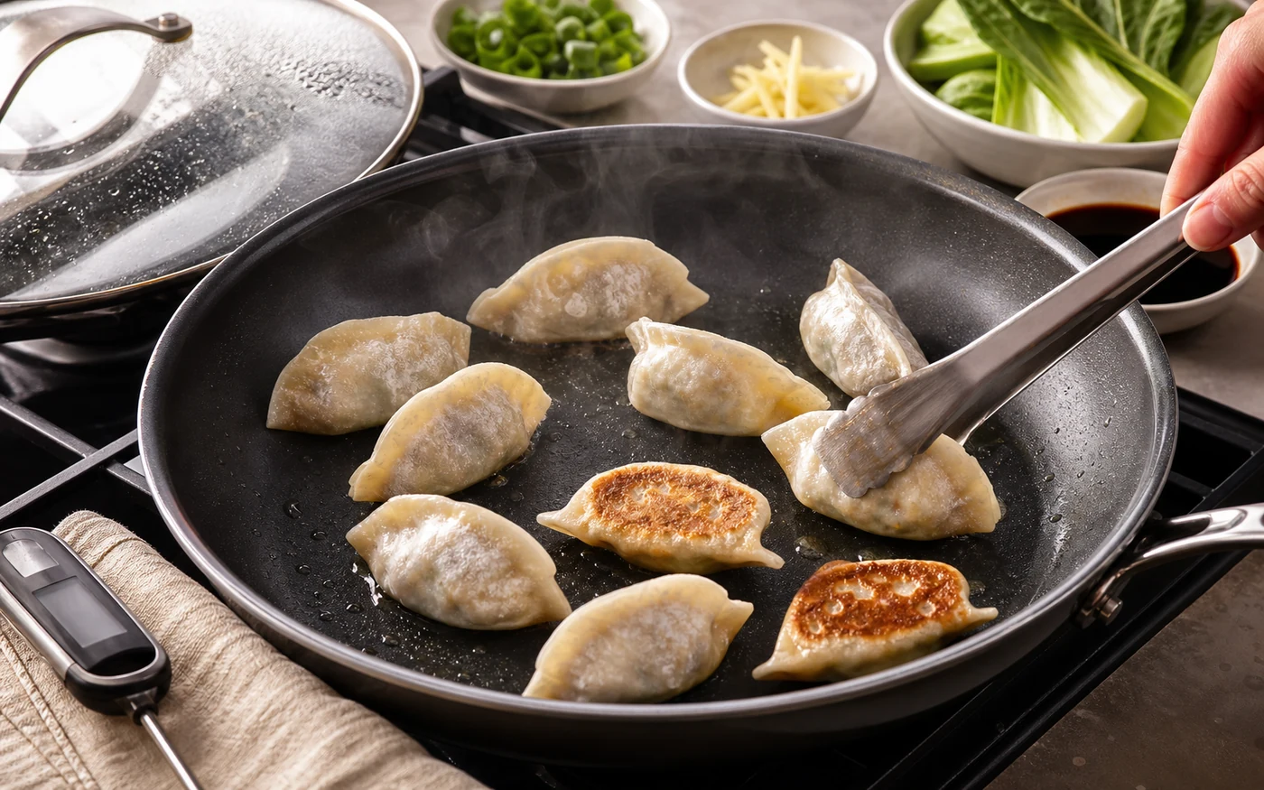 Frozen gluten-free dumplings cooking in a skillet with steam, sauce bowls, greens and a food thermometer nearby