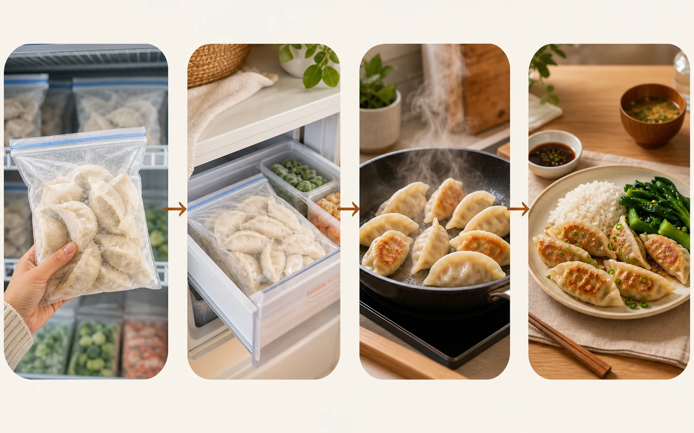 No-text freezer-to-table flow showing grocery freezer, home freezer, hot skillet and a dumpling dinner plate