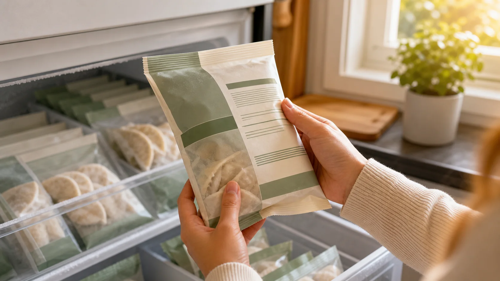 Shopper checking the label on an unbranded frozen dumpling package beside an organized freezer drawer