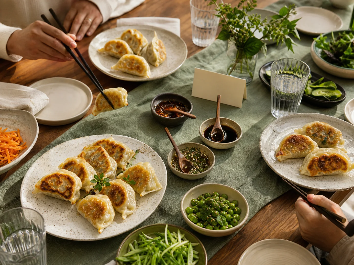 Organized dumpling table with separate sauces and serving utensils for allergen-aware hosting