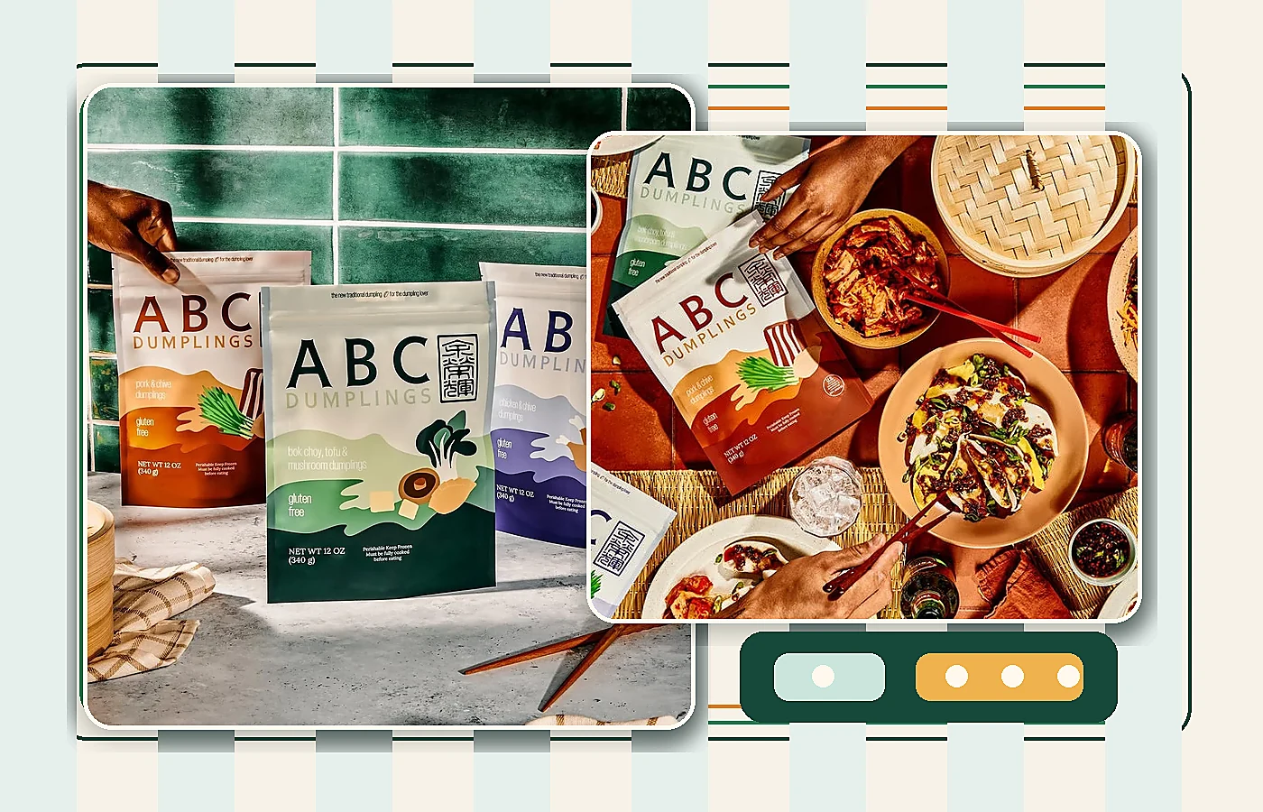 ABC Dumplings packs and cooked dumplings styled for a freezer aisle to family dinner cold-chain guide