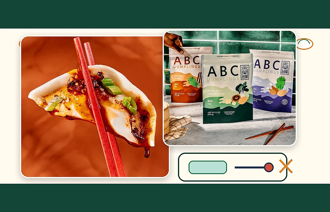 ABC Dumplings packages, plated dumplings and kitchen prep details for safe frozen dumpling handling