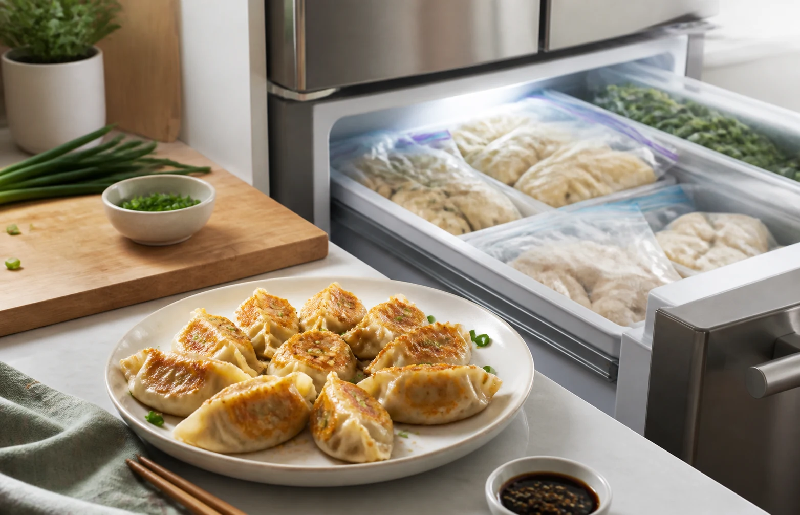 Open home freezer drawer with neatly stored unbranded frozen dumpling bags and a plate of golden gluten-free dumplings nearby
