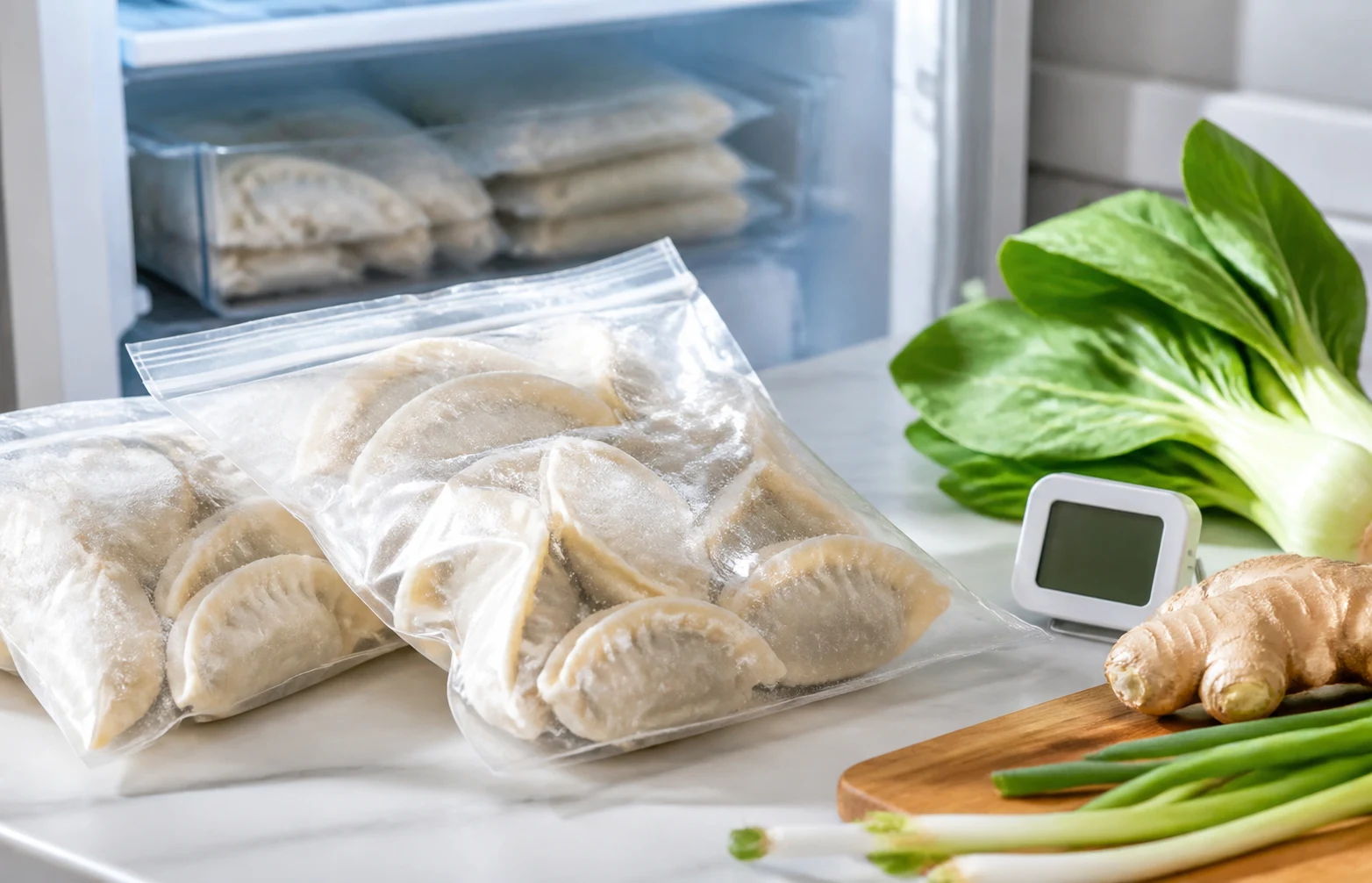 Close-up of frozen gluten-free dumplings with light frost, sealed packaging, bok choy, ginger and a digital freezer thermometer