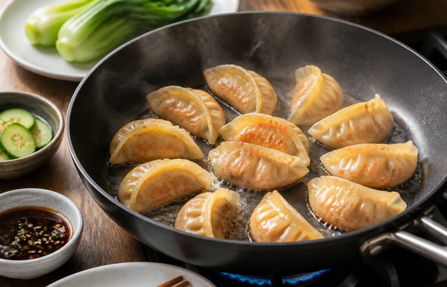 Pan-steamed gluten-free dumplings crisping in a skillet with steam, dipping sauce, cucumber and a clean serving plate