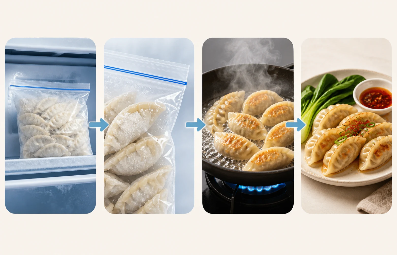 No-text illustration showing frozen dumplings moving from sealed freezer storage to inspection, hot cooking and a served plate