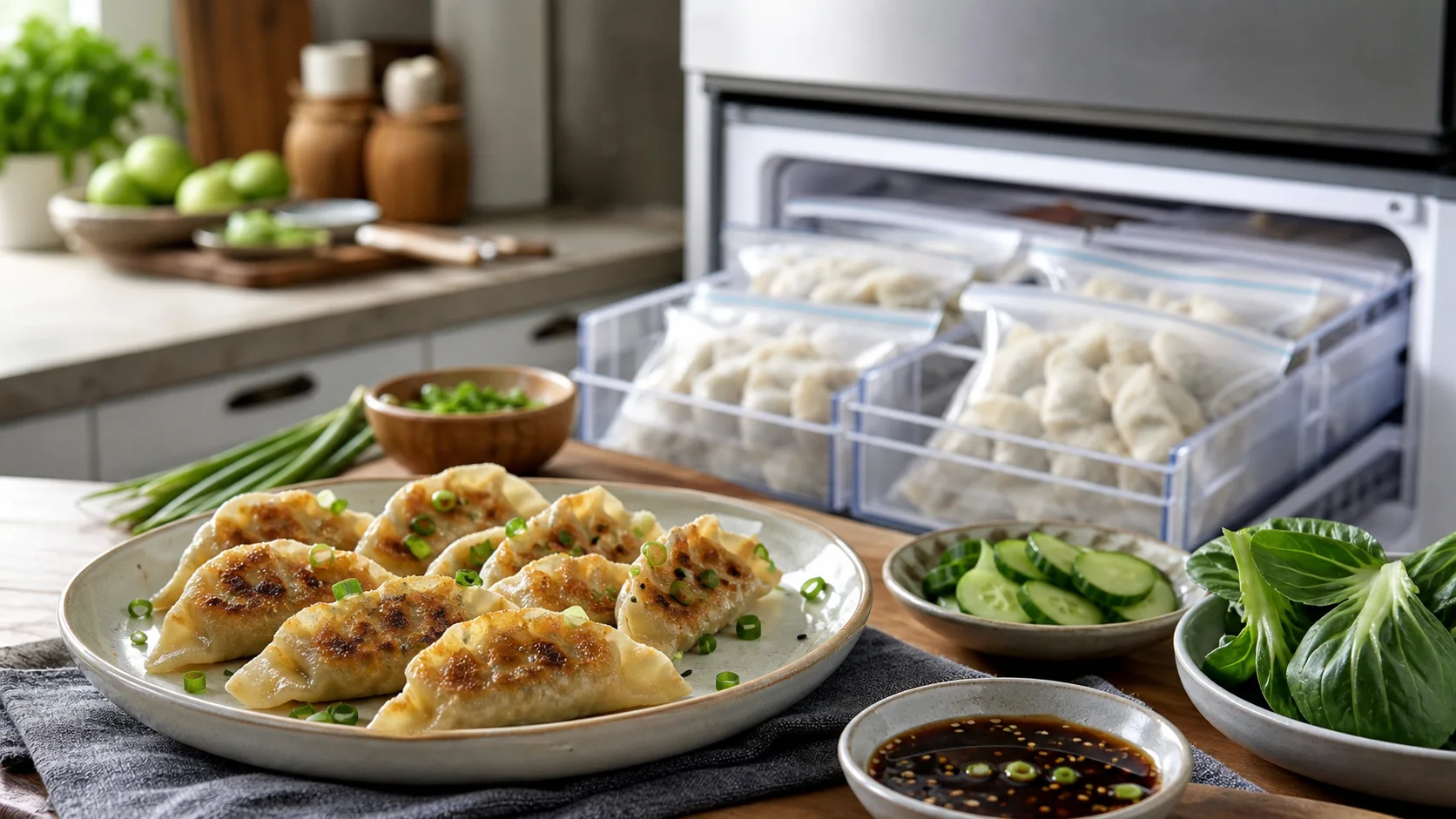 Pan-fried gluten-free dumplings with greens and sauce in front of an organized home freezer stocked with frozen dumplings