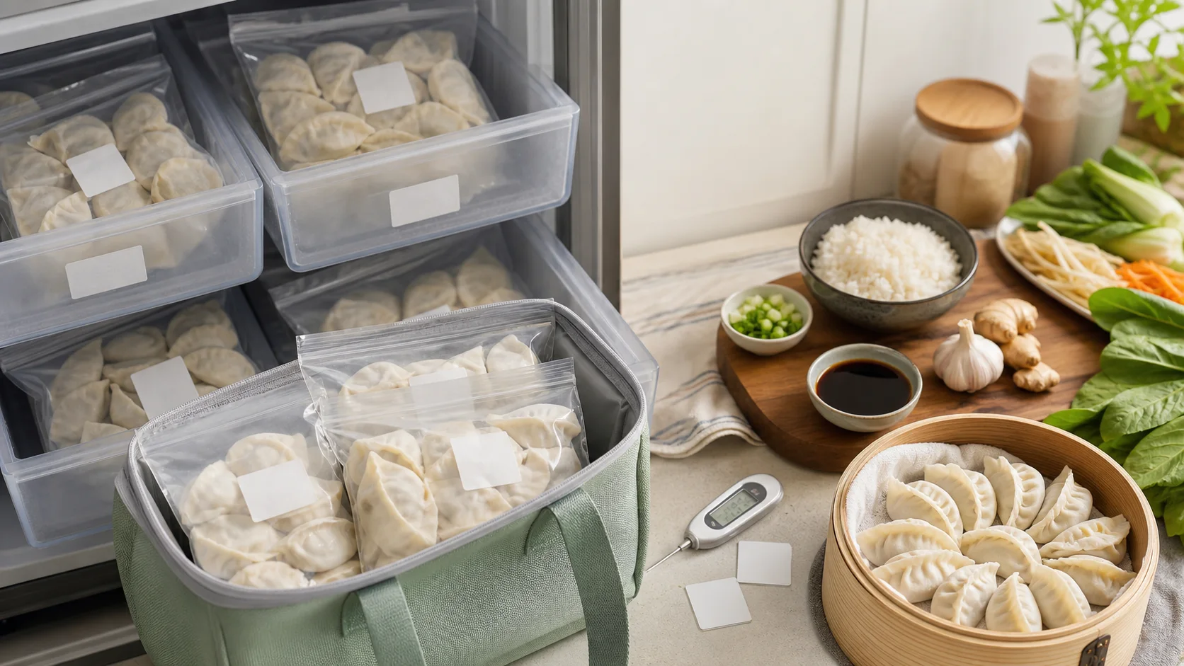 Organized home freezer bins, insulated grocery bag, frozen dumplings, rice, bok choy, ginger and sauce ingredients for a repeat dinner plan