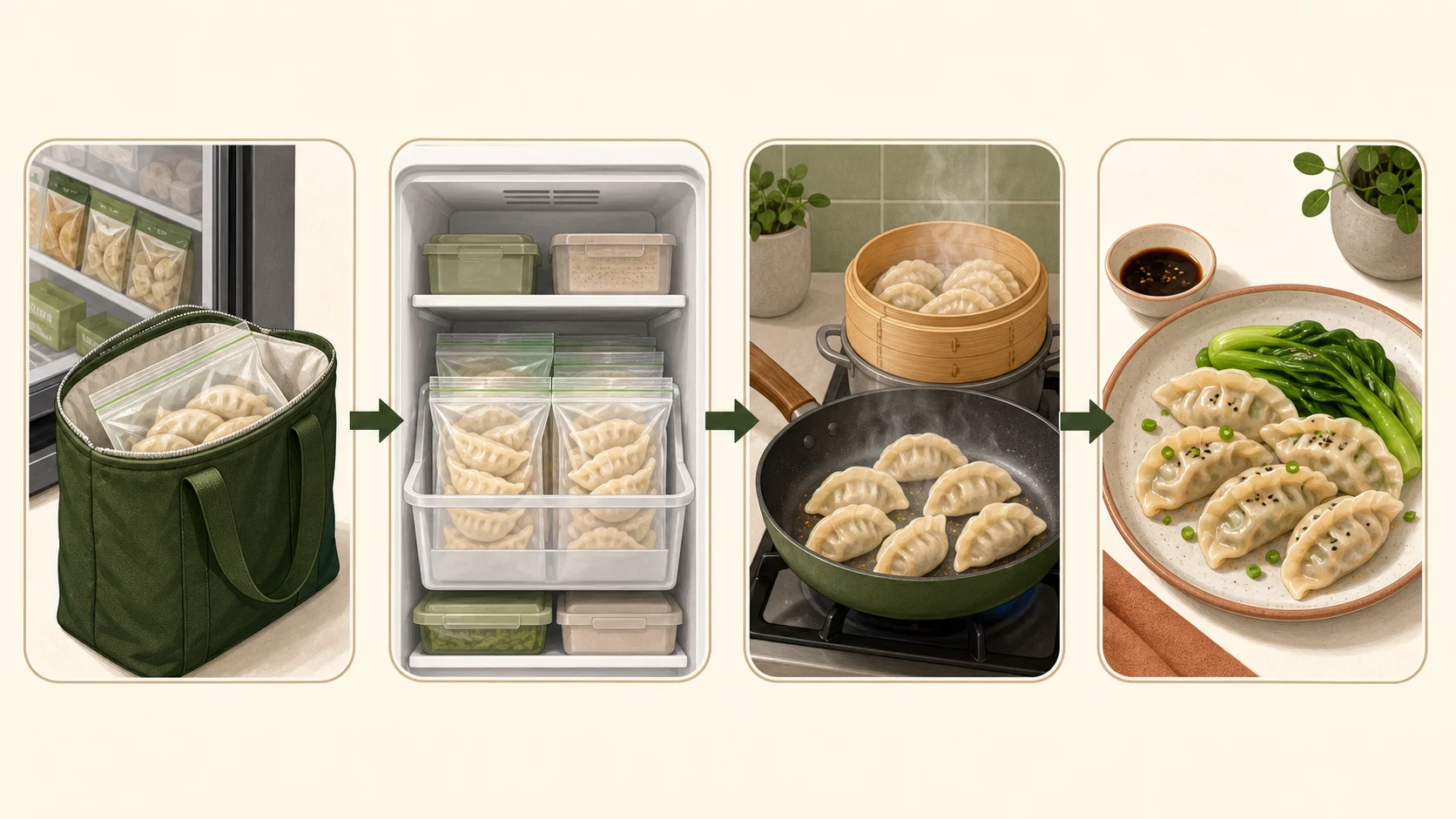 No-text illustration showing frozen dumplings moving from grocery freezer and insulated bag to home freezer, hot cooking and a served dinner plate