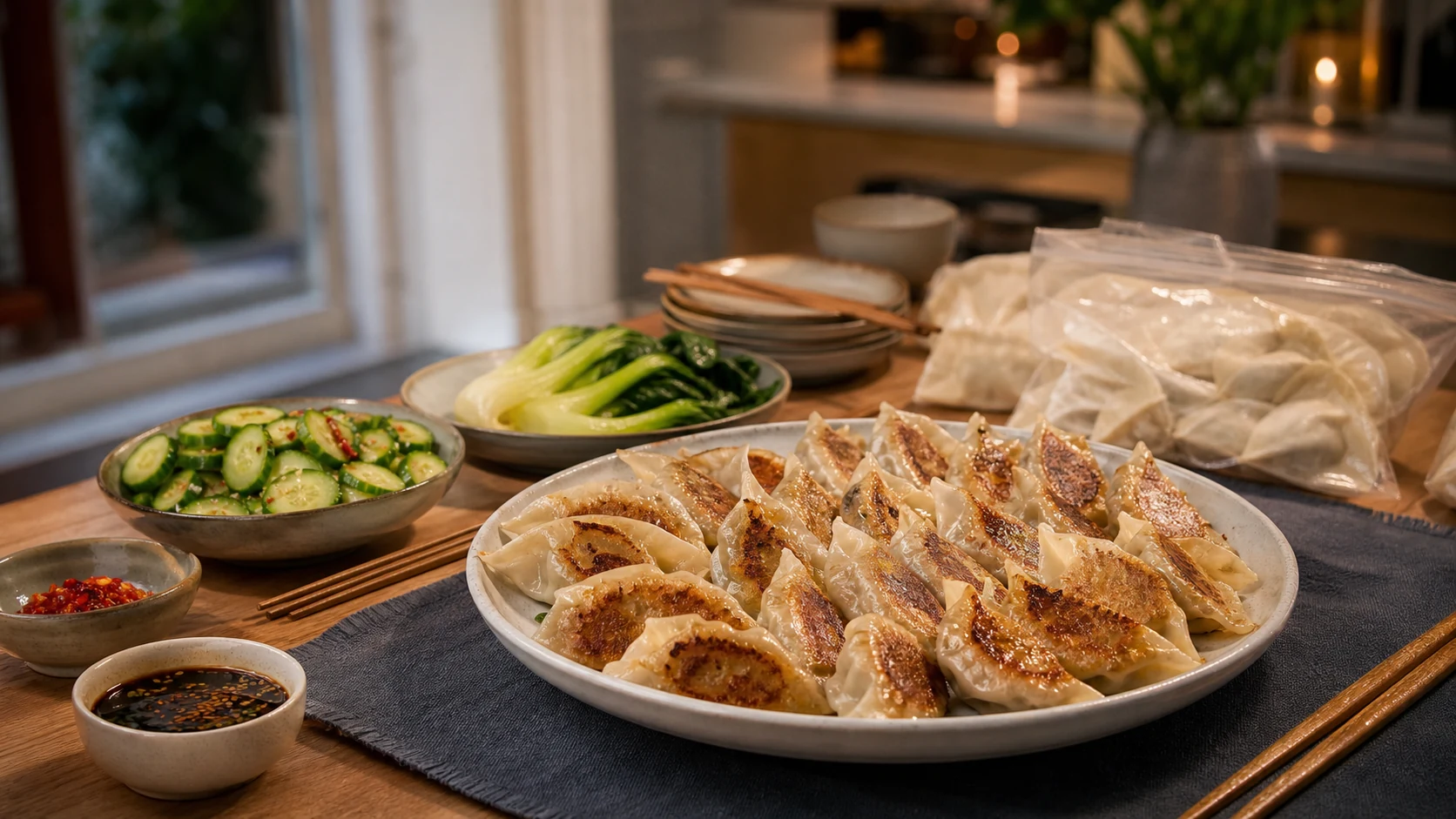 Golden pan-fried gluten-free dumplings on a wide party platter with sauce bowls, cucumbers, bok choy and neutral frozen dumpling bags