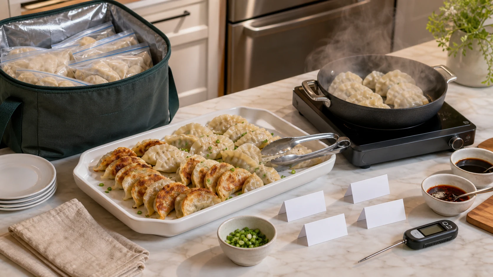 Organized dumpling party prep station with cooked dumplings, steaming dumplings, serving tongs, sauce bowls, food thermometer and insulated bag