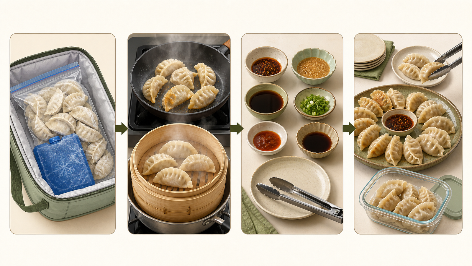 No-text four-panel illustration showing frozen dumplings in an insulated bag, hot cooking, separate sauces and a party tray with leftovers container