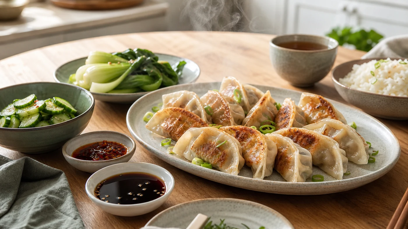 Pan-fried gluten-free dumplings with tamari-style dip, chili sauce, cucumber salad, bok choy, rice and tea