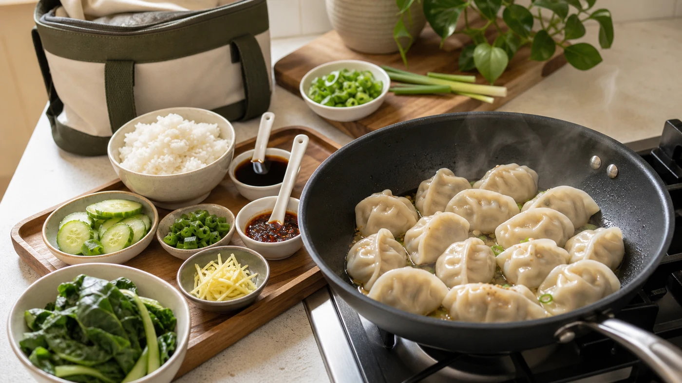 Frozen dumplings cooking in a skillet with side dishes, sauce bowls, ginger, scallions, greens and rice nearby