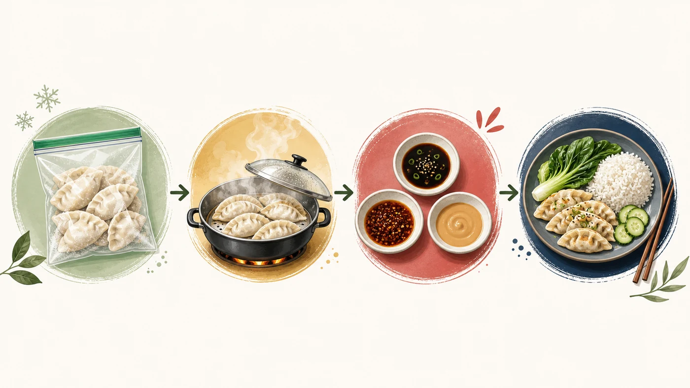 No-text illustration showing frozen dumplings moving through hot cooking, sauce bowls and a balanced side-dish plate