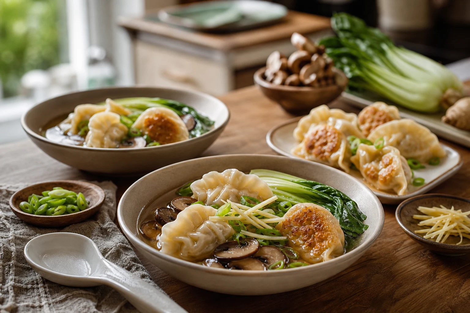 Gluten-free dumpling soup bowls with bok choy, mushrooms, scallions, ginger and extra pan-seared dumplings on a warm home table