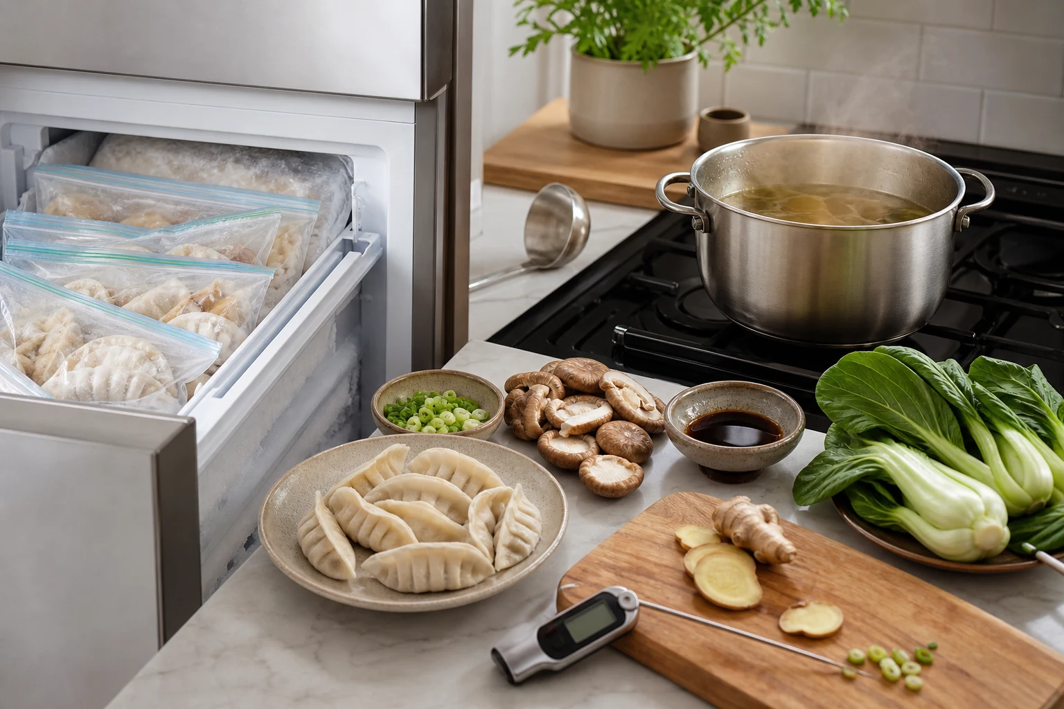 Freezer-to-stove dumpling soup prep with frozen dumplings, simmering broth, bok choy, mushrooms, ginger, scallions and a food thermometer