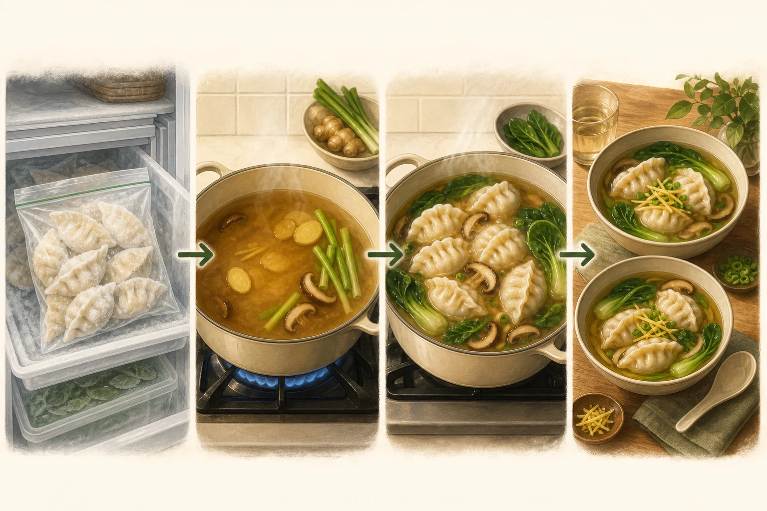 No-text illustration showing frozen dumplings moving from freezer storage to hot broth cooking and finished soup bowls