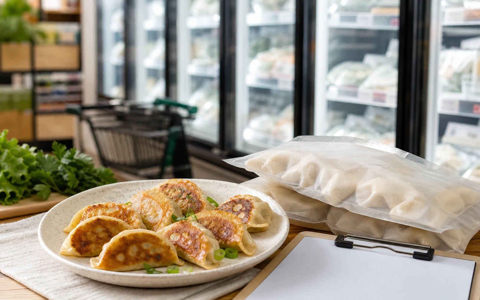 Golden gluten-free dumplings with unbranded frozen dumpling bags, a blank clipboard and a natural grocery freezer aisle