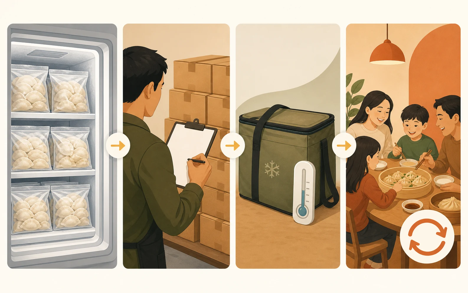 No-text four-panel illustration showing frozen dumpling shelf stock, case counting, cold transport and a family table reorder loop