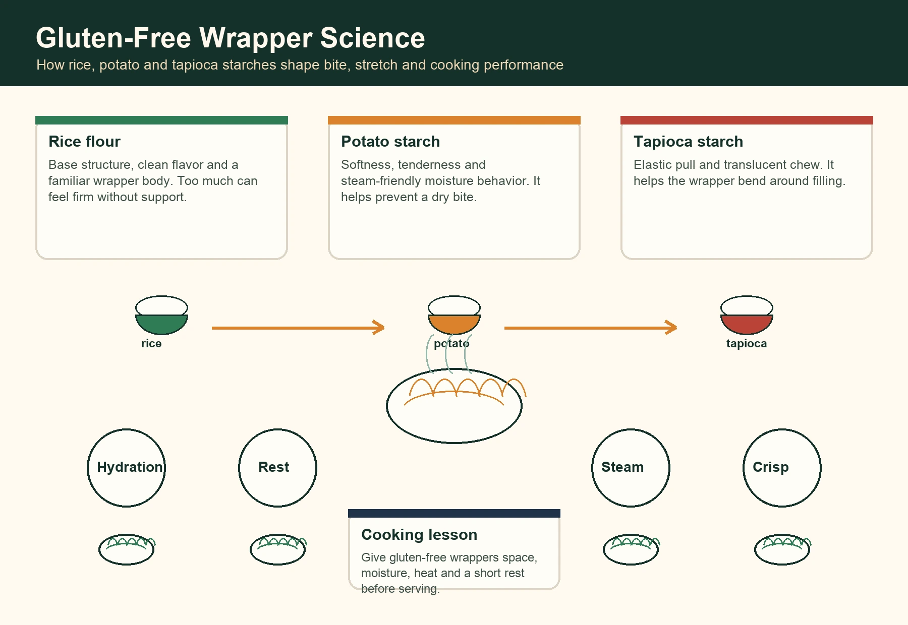 Detailed infographic explaining rice flour, potato starch and tapioca starch in gluten-free dumpling wrapper science