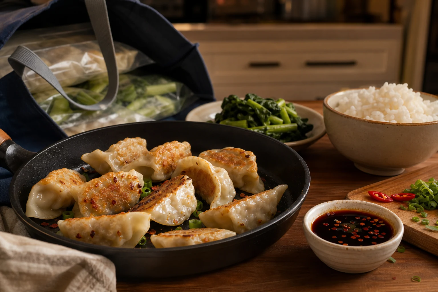 Pan-fried gluten-free dumplings served with rice, greens and dipping sauce after a grocery trip