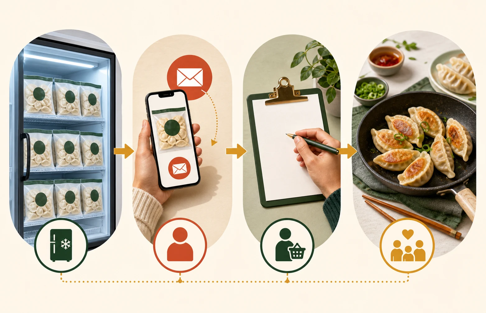 No-text illustration showing a gluten-free dumpling journey from freezer shelf to shopper request, store buyer review and family dinner