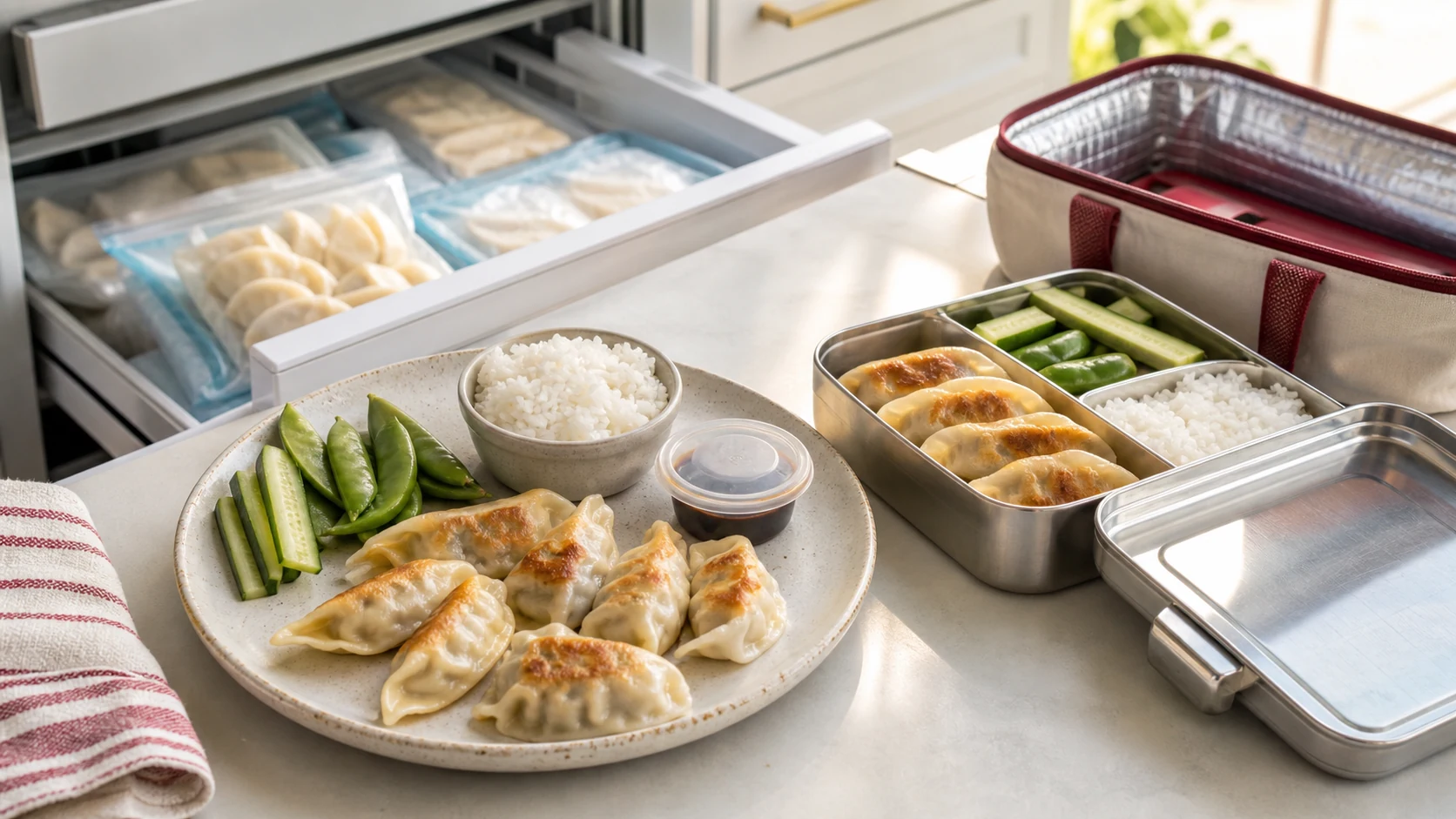 Gluten-free dumplings packed with rice, cucumber, snap peas and sauce beside an insulated lunch bag and organized freezer drawer