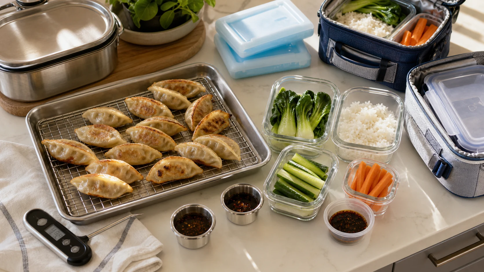 Cooked gluten-free dumplings cooling on a rack beside gel packs, lunch containers, rice, bok choy, cucumbers, carrots and sauce cups