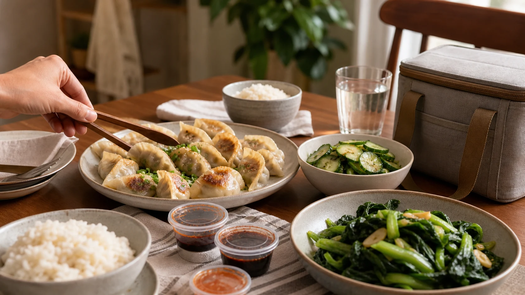 Family table with pan-fried dumplings, rice, cucumber salad, greens and an insulated lunch bag set aside after a busy day