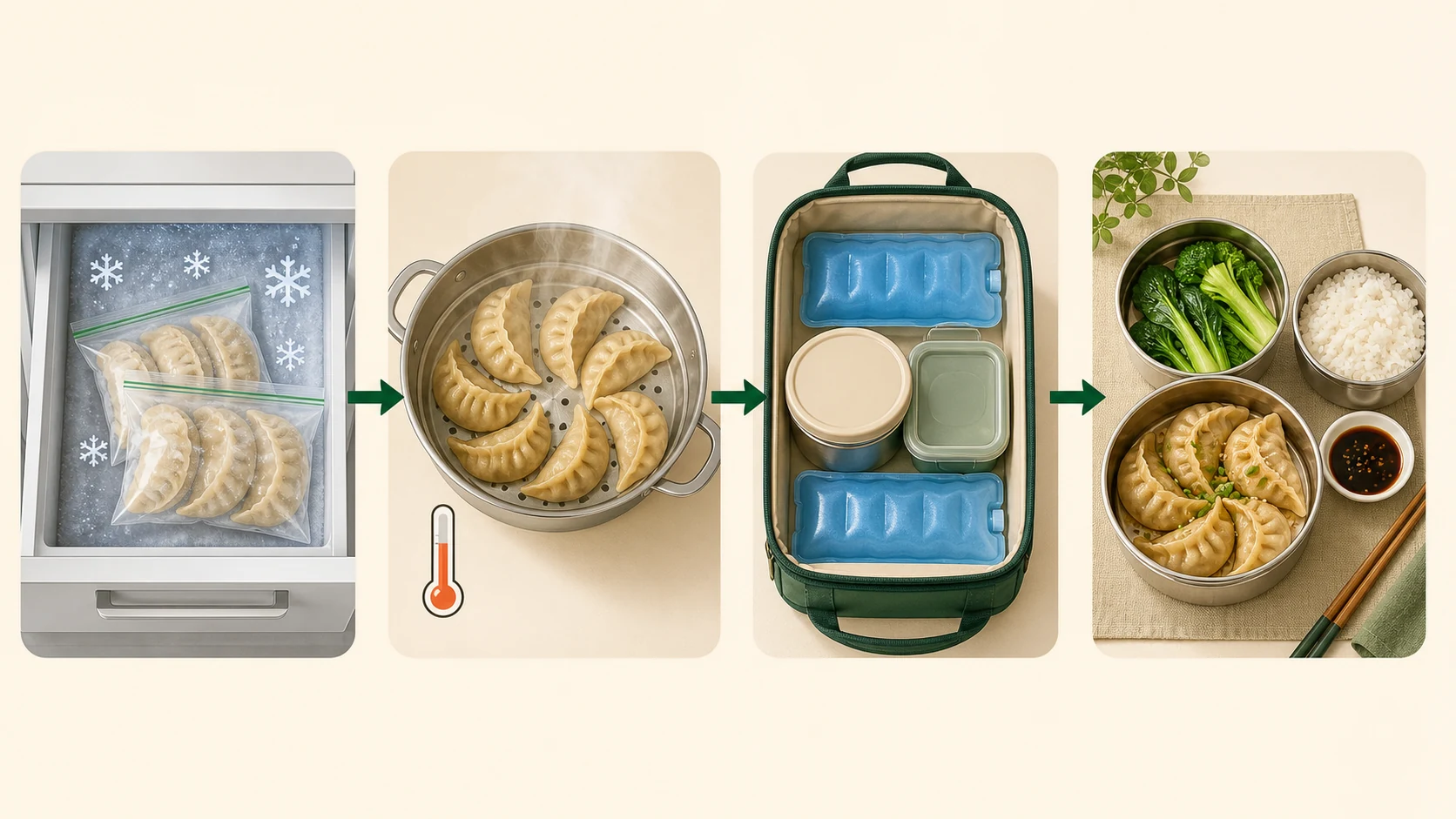 No-text illustration showing frozen dumplings, hot cooking, insulated lunchbox packing with gel packs and a balanced dumpling meal