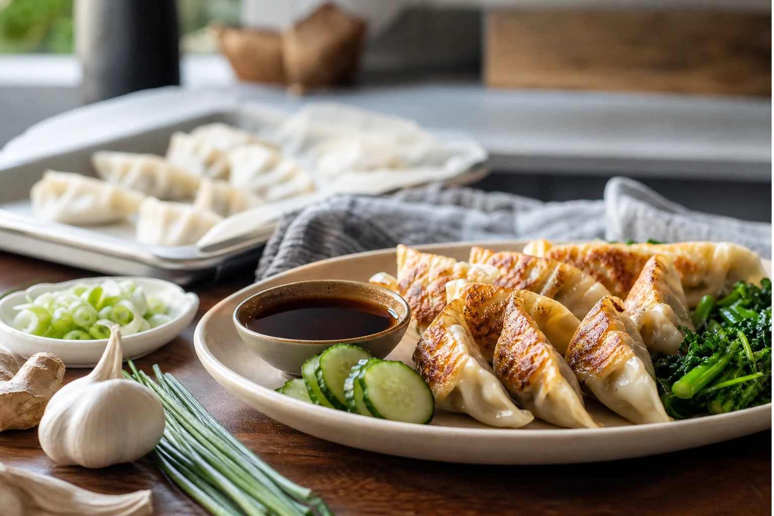 Golden organic chicken and pork inspired gluten-free dumplings served with chives, cucumber, greens and tamari-style dipping sauce