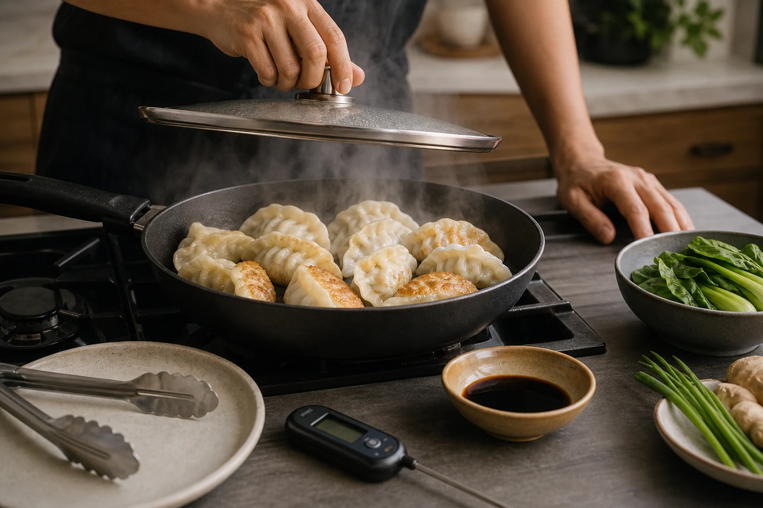 Gluten-free frozen dumplings steaming in a skillet with a clean plate, tongs, greens and a digital food thermometer nearby