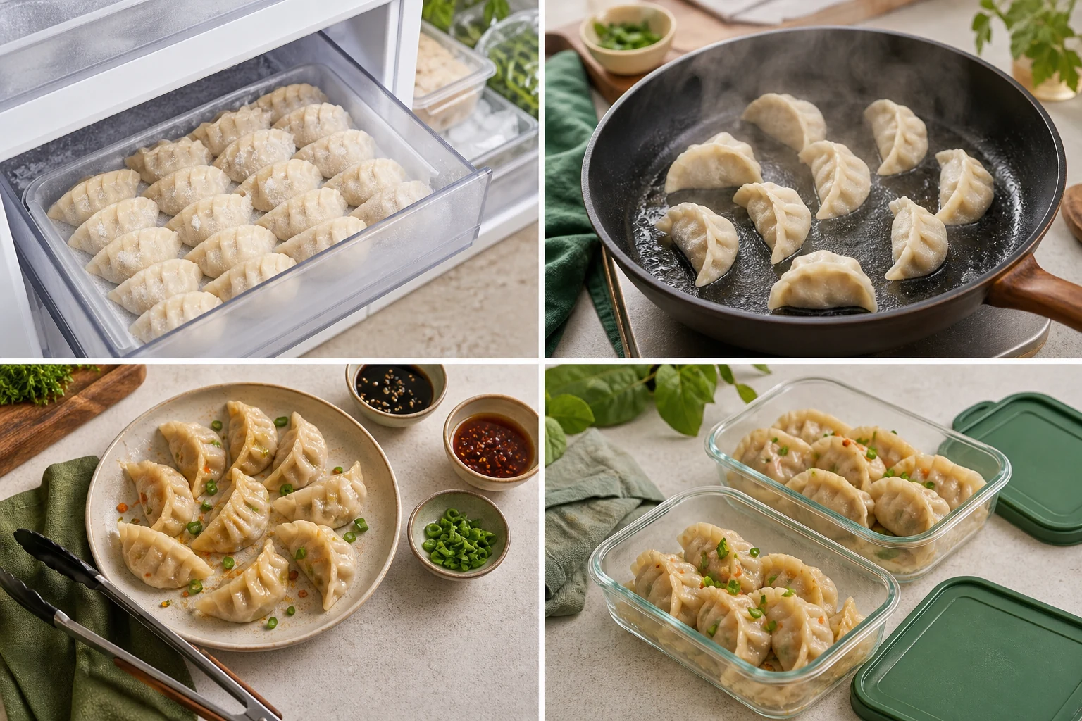 No-text four-panel illustration showing frozen dumplings stored cold, cooked in a skillet, served with separate tools and packed as leftovers