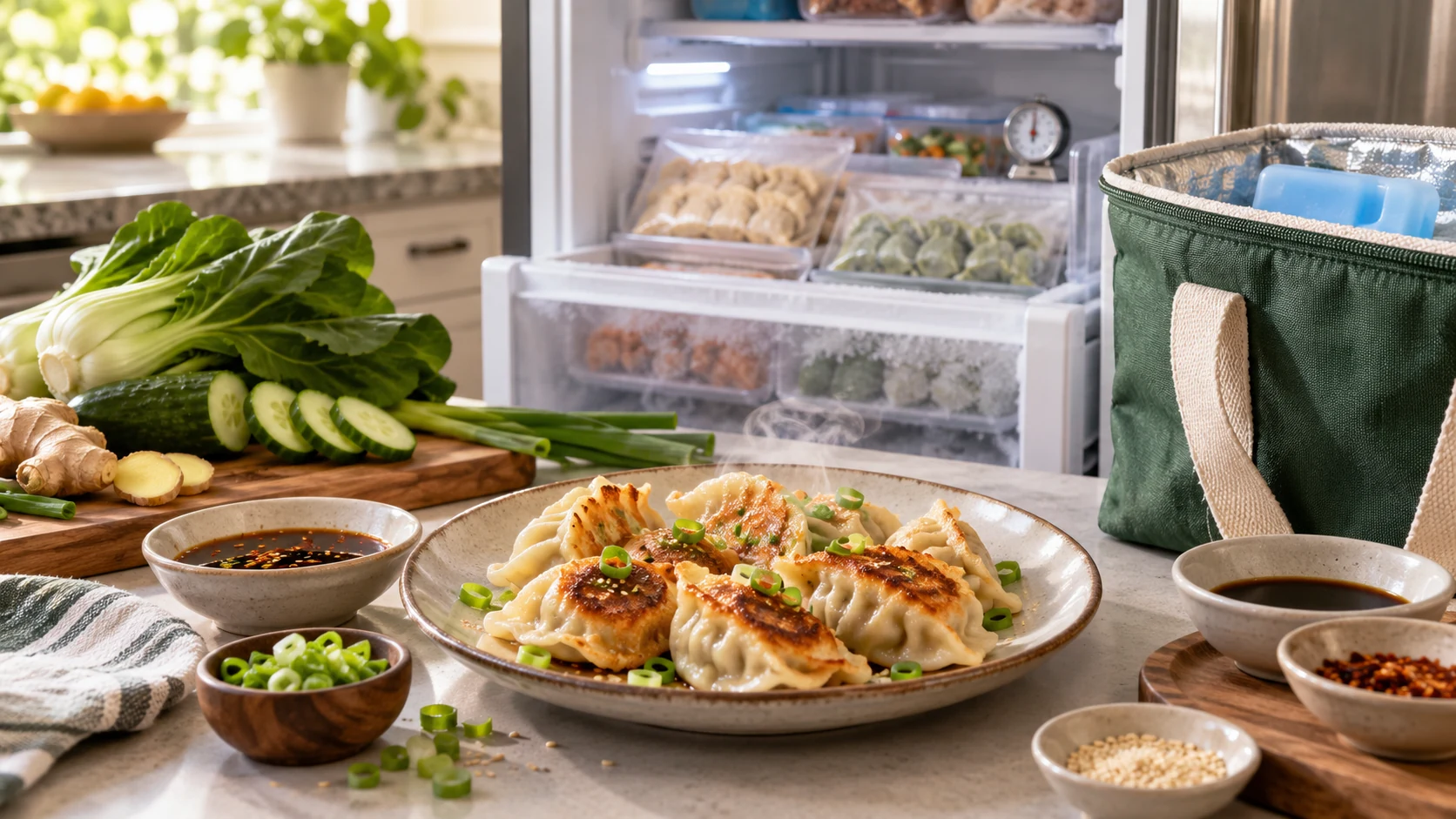 Pan-fried gluten-free dumplings on a kitchen counter with an open organized freezer, thermometer, ice packs, insulated bag and vegetables