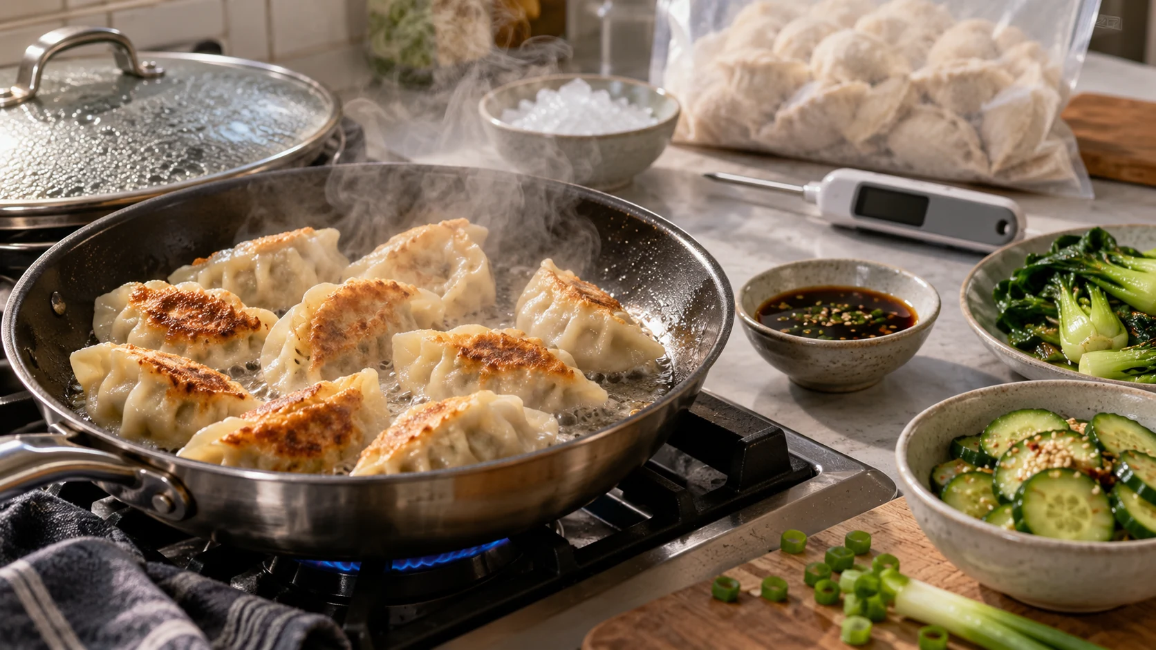 Frozen gluten-free dumplings pan-steaming in a skillet with sauce, greens, an unreadable food thermometer and a sealed frozen dumpling bag nearby