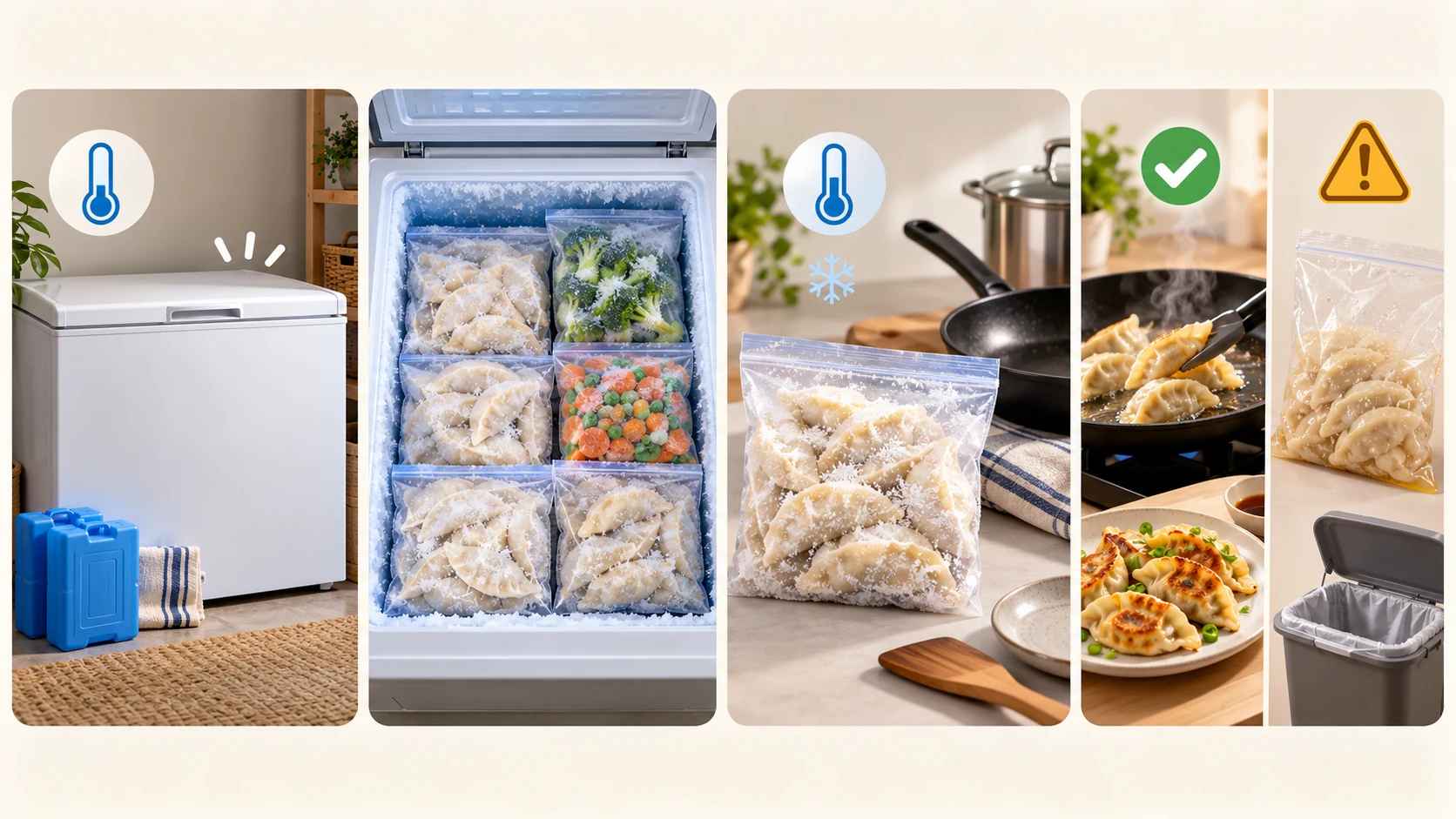 No-text four-panel illustration showing freezer outage planning, icy frozen dumplings, hot cooking if still cold and caution for fully thawed food