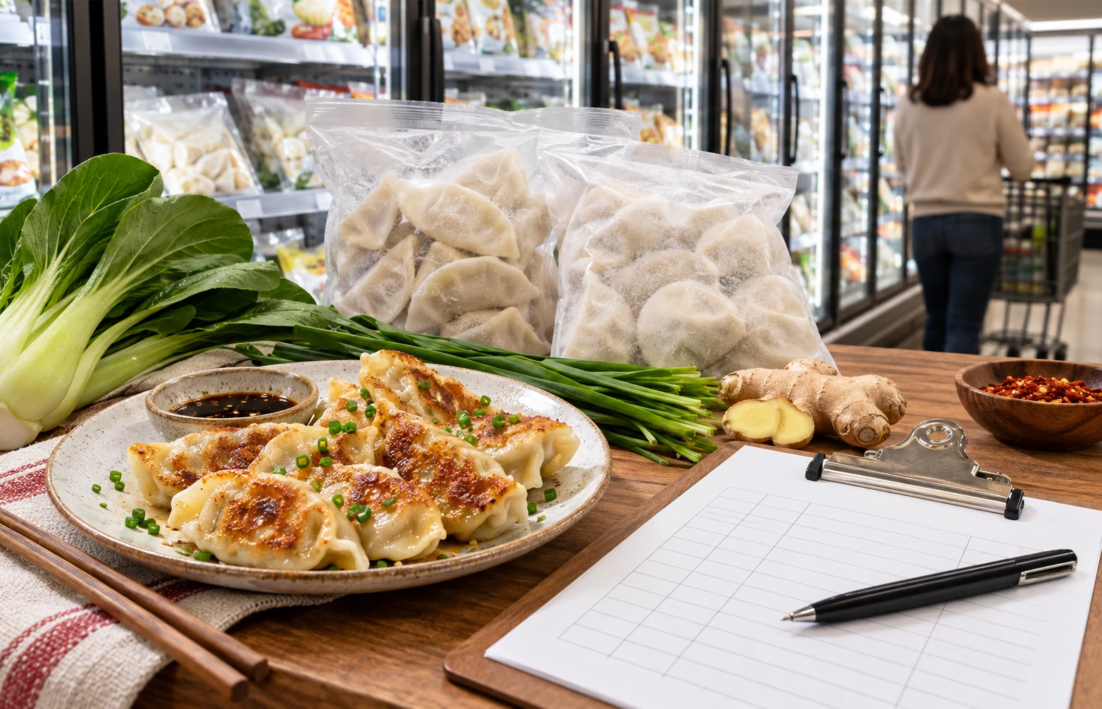 Retail freezer aisle with unbranded frozen dumpling bags, pan-fried dumplings, fresh bok choy, ginger and a blank buyer scorecard