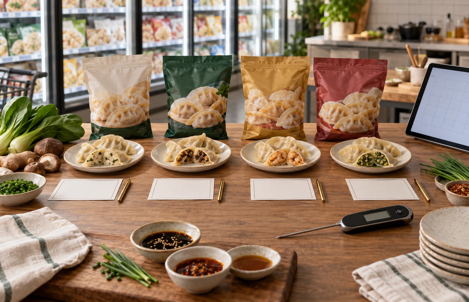 Frozen dumpling retail evaluation table with unbranded bags, cooked samples, sauce bowls, tasting cards and a food thermometer