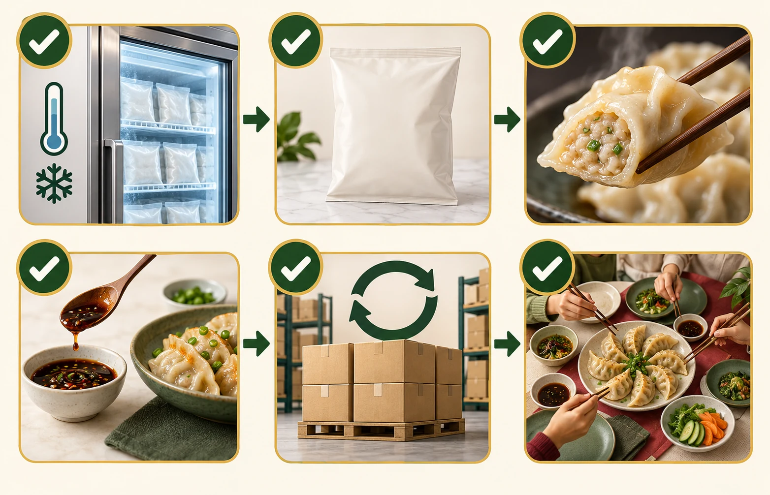 No-text retail buyer scorecard illustration showing freezer case, blank package, dumpling texture, sauce, inventory cartons and family dinner